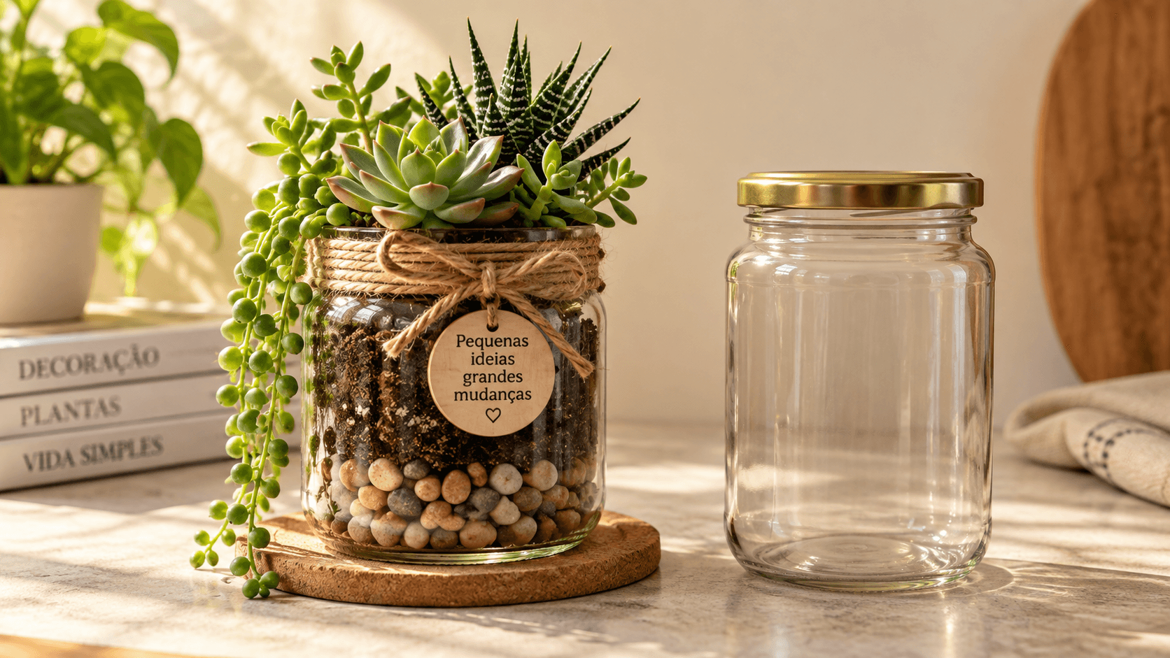 Reaproveitamento de Potes de Vidro: Ideias Para Decorar Gastando Pouco reaproveitamento de potes de vidro transformados em vasos decorativos, antes e depois