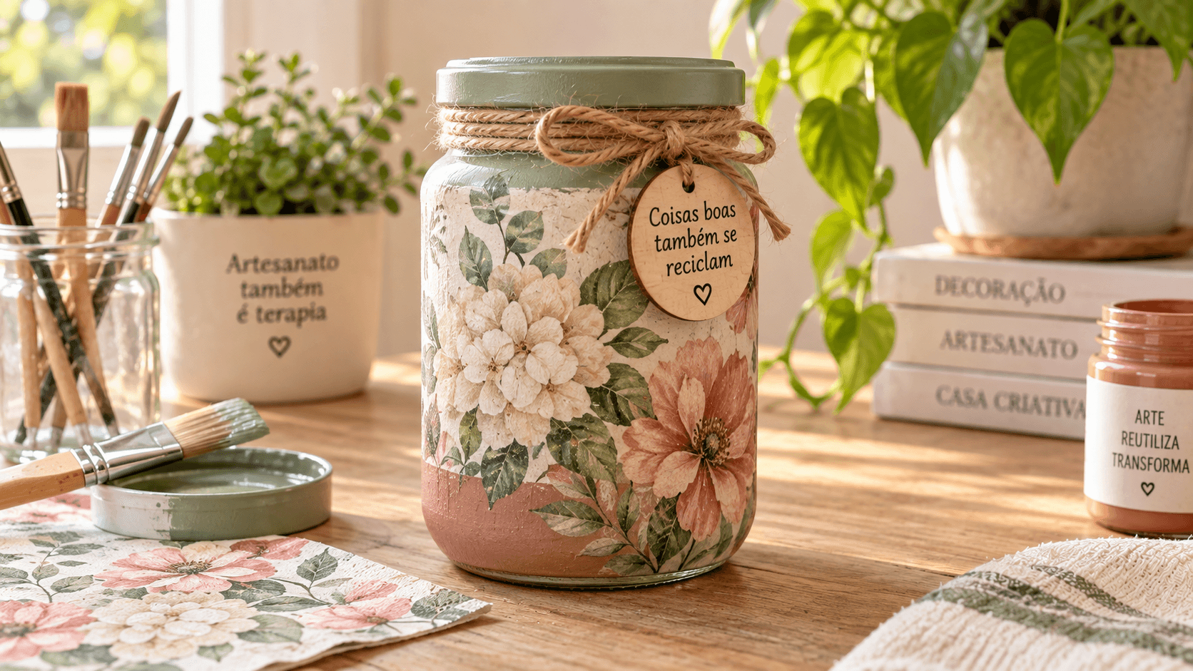 Reaproveitamento de Potes de Vidro: Ideias Para Decorar Gastando Pouco pote de vidro decorado com técnica de decoupage floral e pintura fosca