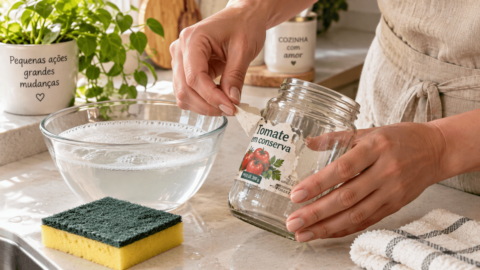 Reaproveitamento de Potes de Vidro: Ideias Para Decorar Gastando Pouco mãos removendo rótulo de pote de vidro com água morna e detergente