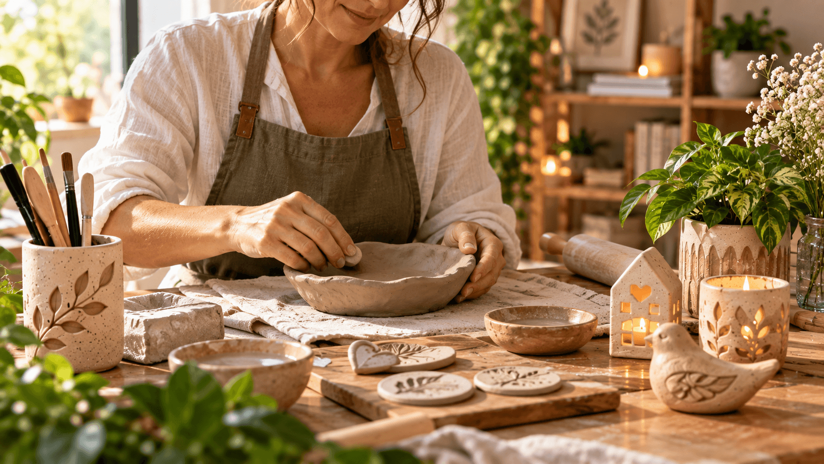 Artesanato com Argila de Secagem ao Ar: 10 Ideias para Decorar a Casa Artesanato com argila de secagem ao ar sendo modelado à mão em ambiente acolhedor
