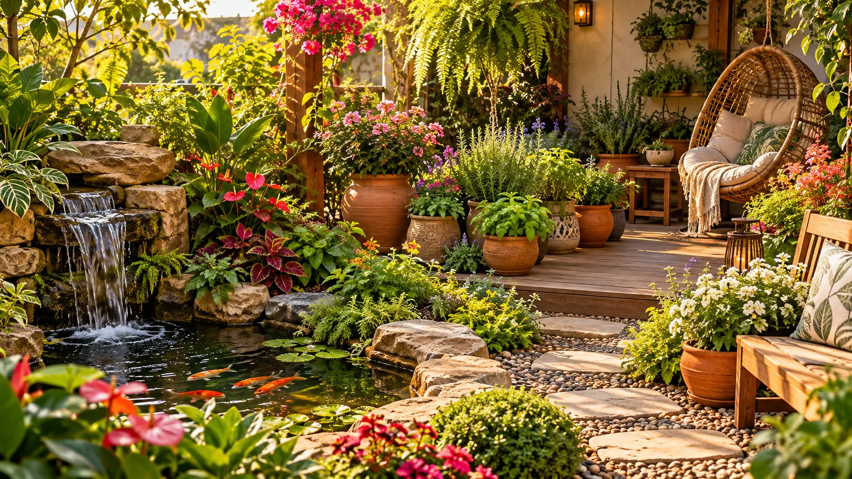 Jardim Sensorial em Casa: Como Criar um Espaço de Bem-Estar Jardim sensorial com plantas, água, flores e cantinho de descanso