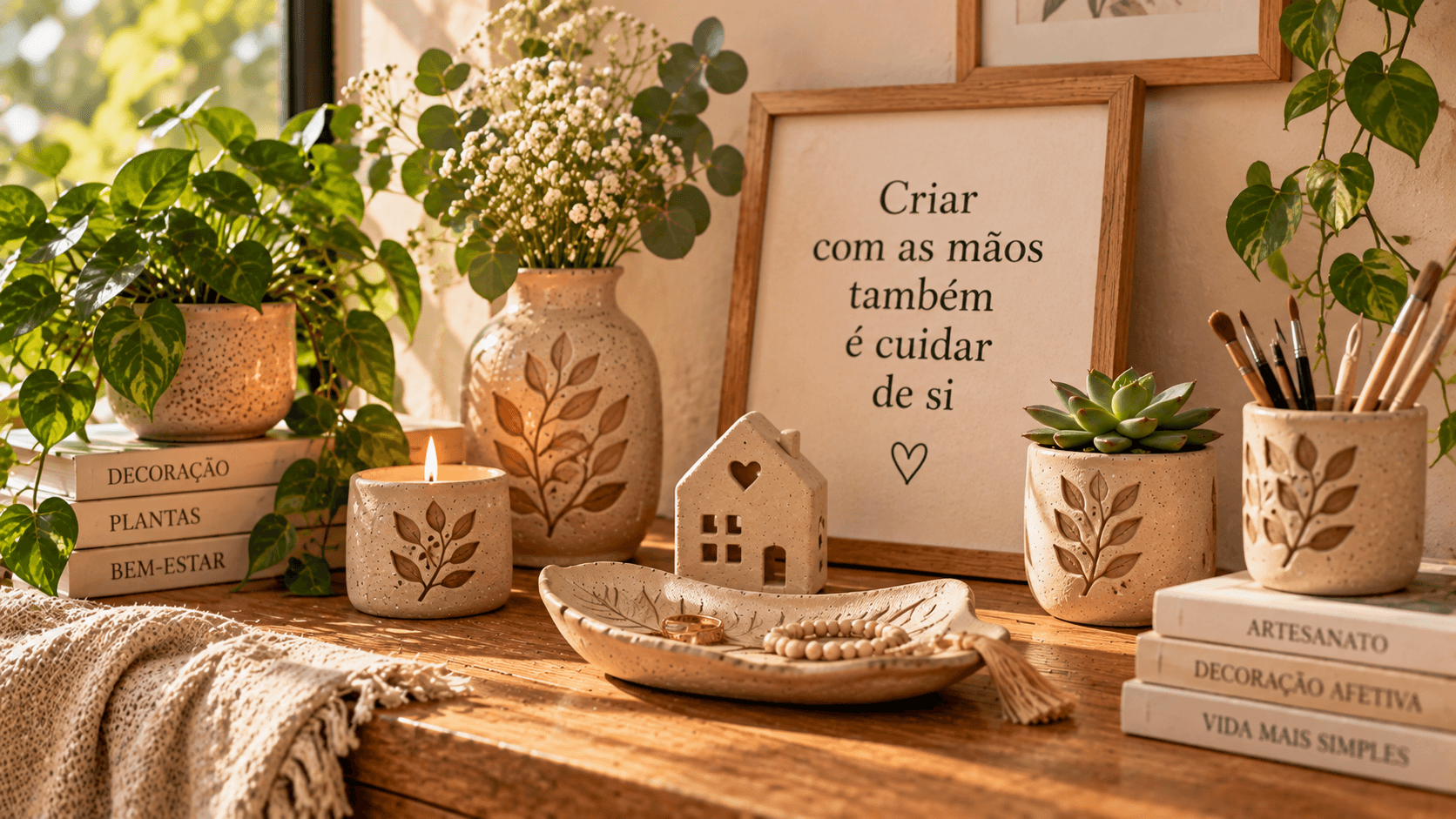 Artesanato com Argila de Secagem ao Ar: 10 Ideias para Decorar a Casa Composição decorativa com peças artesanais de argila em ambiente acolhedor