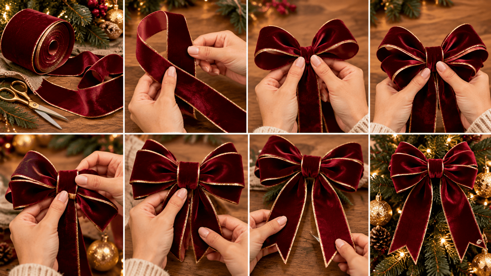 Tendências de Decoração de Natal 2026: Ideias para uma Casa Aconchegante Tutorial visual para fazer laço de Natal com fita de veludo