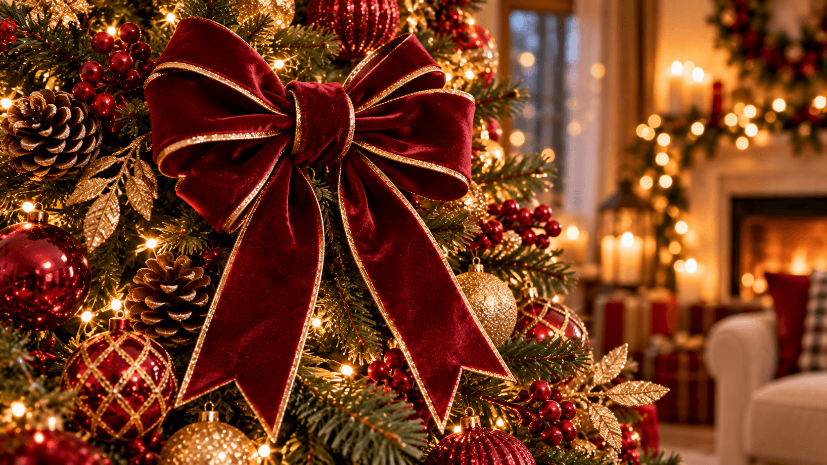 Tendências de Decoração de Natal 2026: Ideias para uma Casa Aconchegante Laço de veludo bordô pronto na árvore de Natal