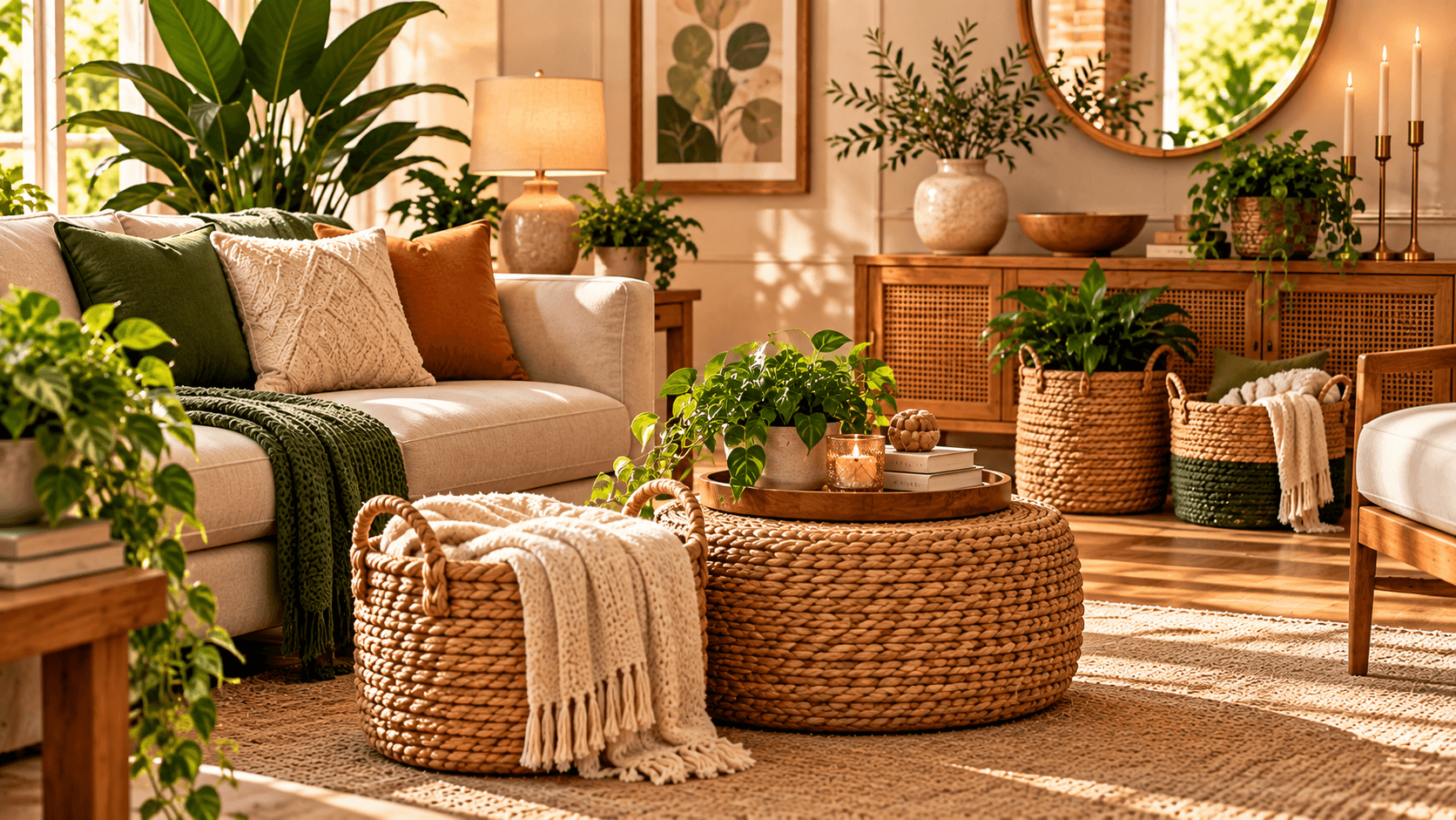 Cestos DIY: ideias criativas para organizar e decorar a casa Cestos de fibras naturais combinando com decoração acolhedora