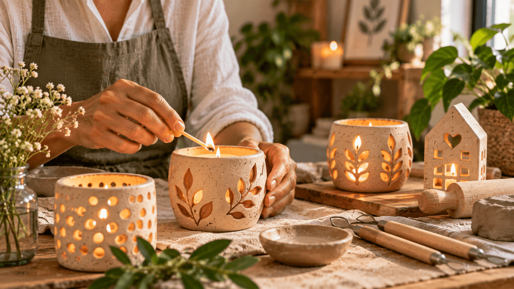 Artesanato com Argila de Secagem ao Ar: 10 Ideias para Decorar a Casa Porta-velas artesanal feito com argila de secagem ao ar