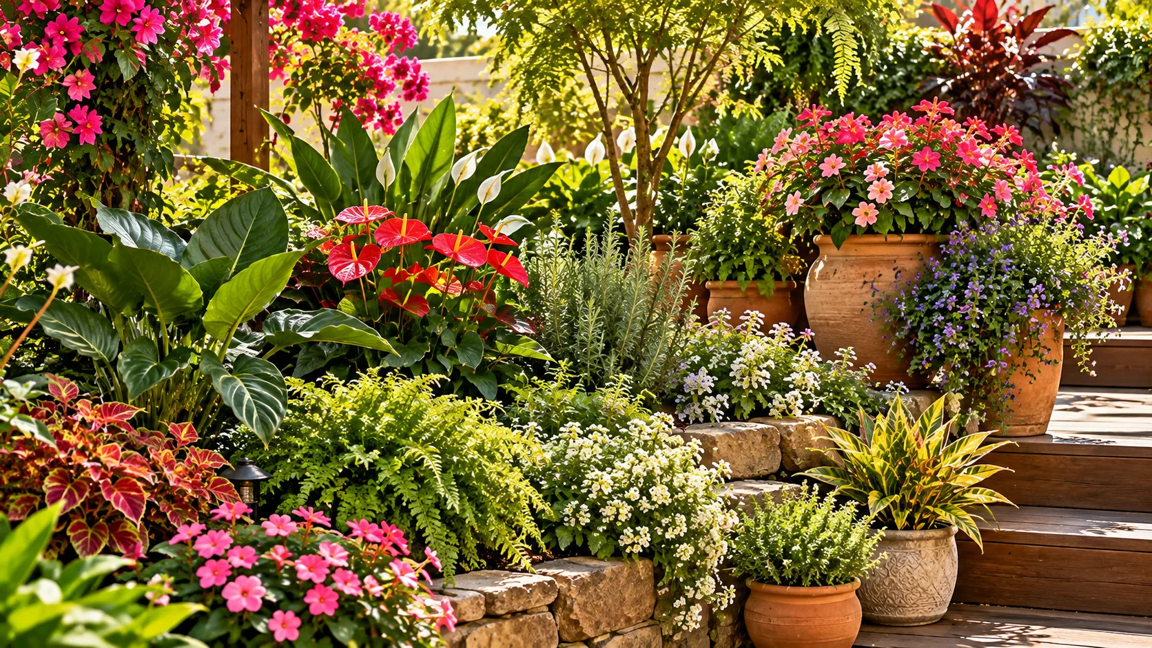 Jardim Sensorial em Casa: Como Criar um Espaço de Bem-Estar Flores e folhagens de diferentes cores e alturas em jardim sensorial
