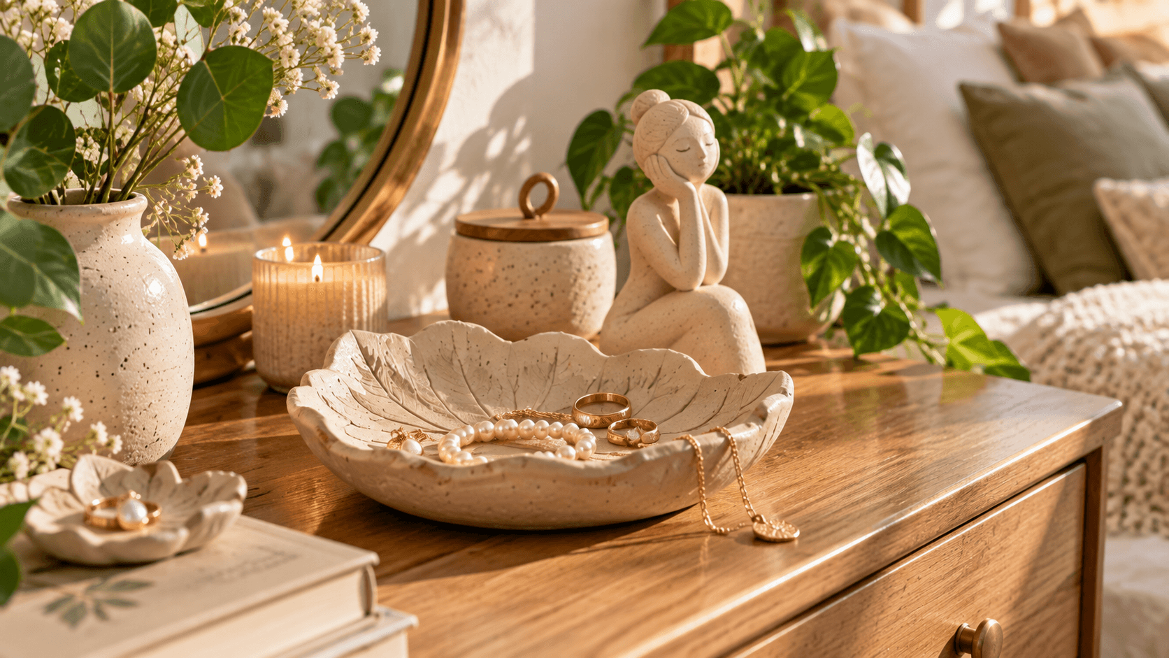 Artesanato com Argila de Secagem ao Ar: 10 Ideias para Decorar a Casa Porta-joias artesanal de argila em formato orgânico com acessórios