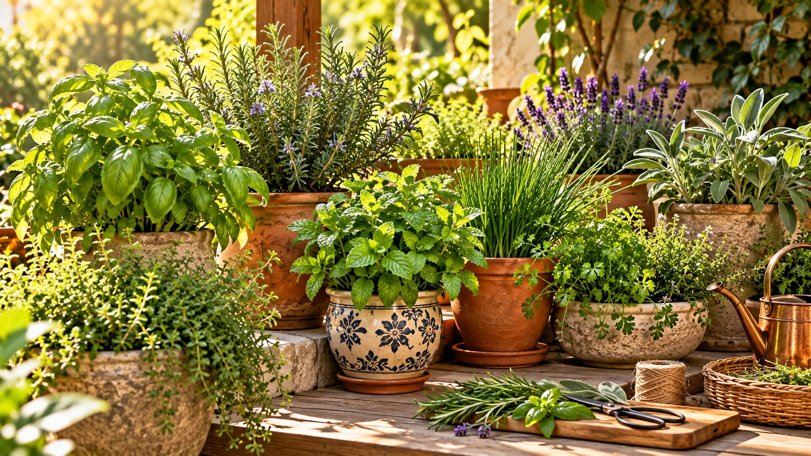 Jardim Sensorial em Casa: Como Criar um Espaço de Bem-Estar Ervas aromáticas em vasos para jardim sensorial