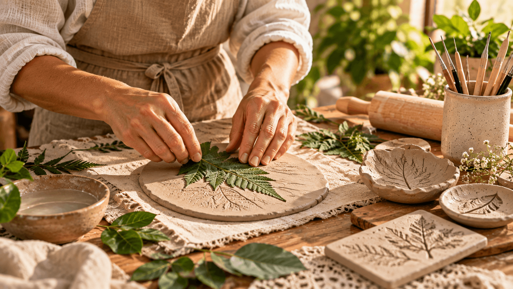 Artesanato com Argila de Secagem ao Ar: 10 Ideias para Decorar a Casa Folha sendo pressionada sobre argila para criar textura natural