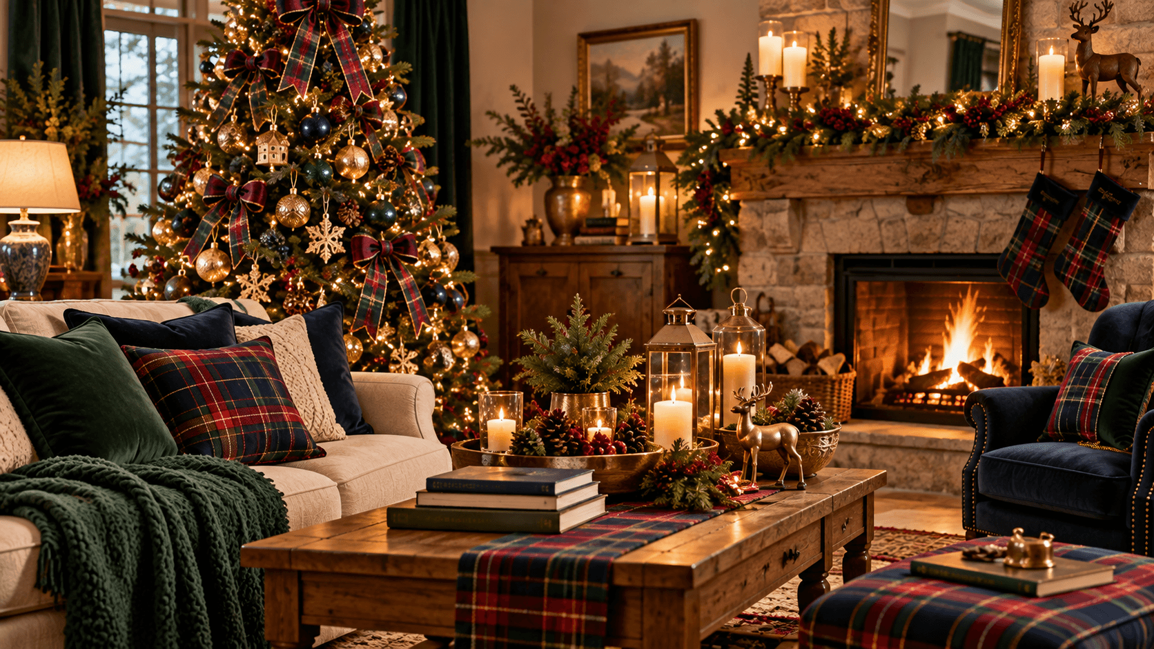 Tendências de Decoração de Natal 2026: Ideias para uma Casa Aconchegante Decoração de Natal clássica com verde profundo, azul-marinho e dourado