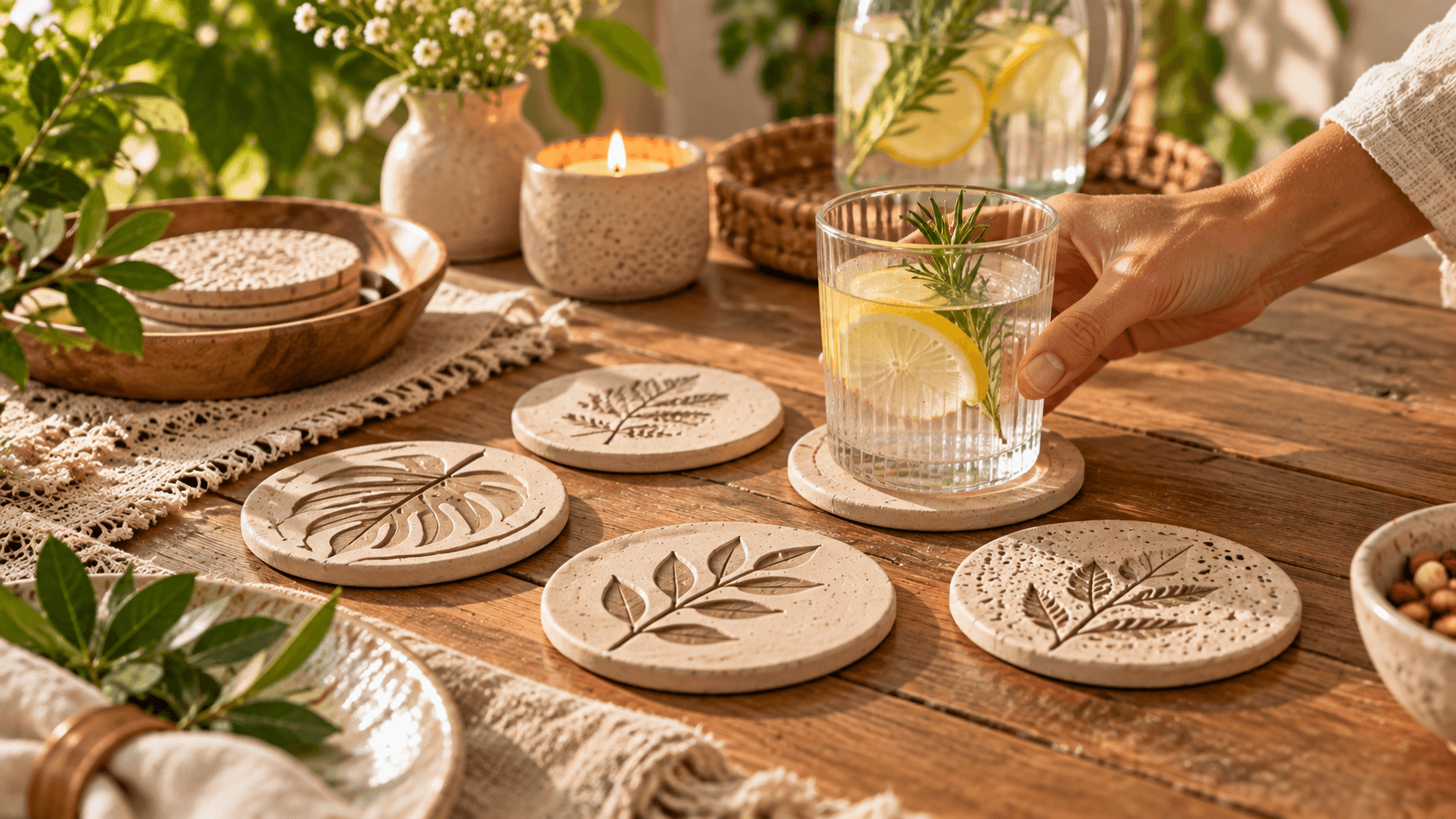 Artesanato com Argila de Secagem ao Ar: 10 Ideias para Decorar a Casa Descansos para copos feitos artesanalmente com argila e texturas botânicas