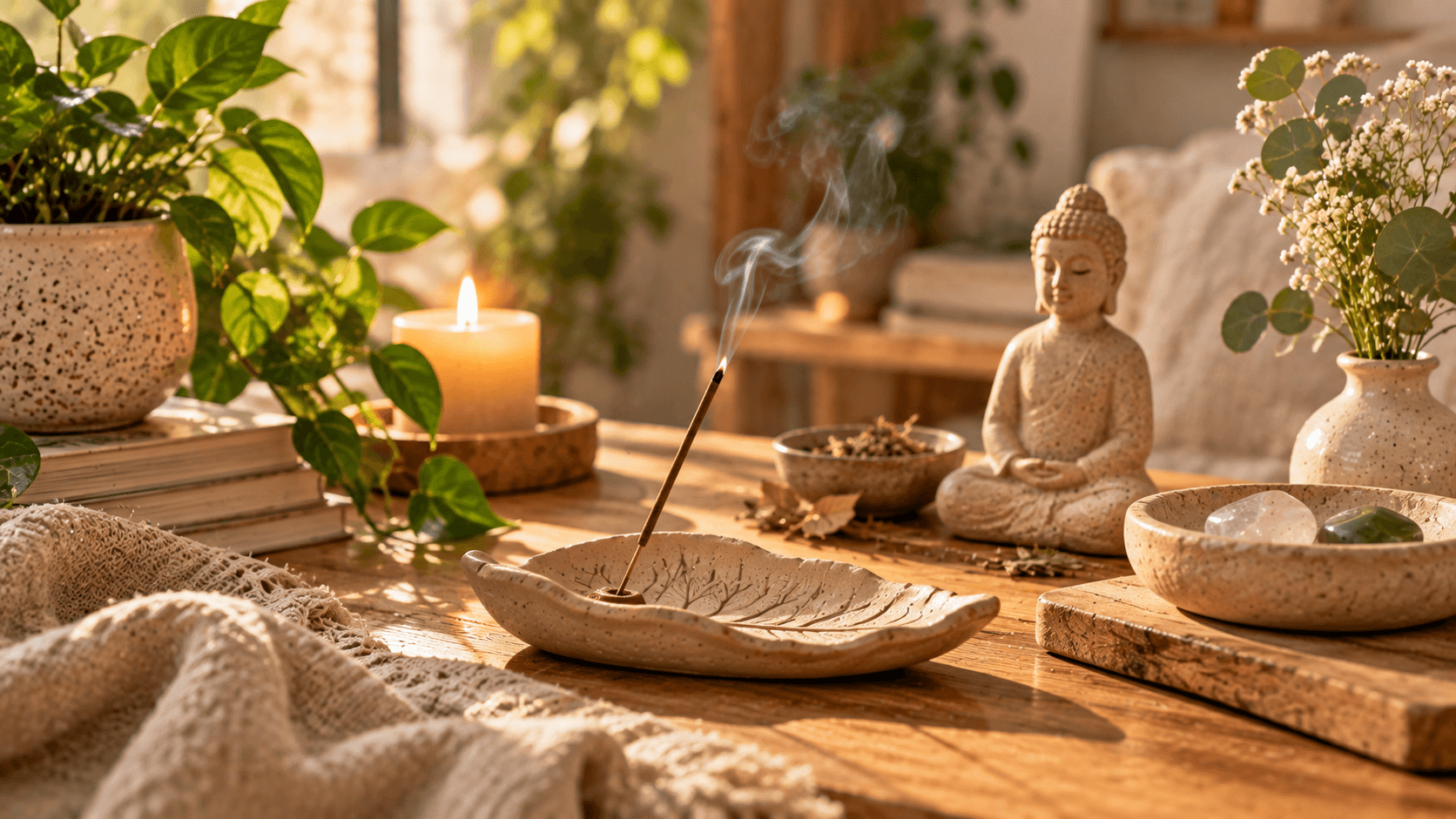 Artesanato com Argila de Secagem ao Ar: 10 Ideias para Decorar a Casa Peças artesanais de argila em composição tranquila com plantas e objetos decorativos