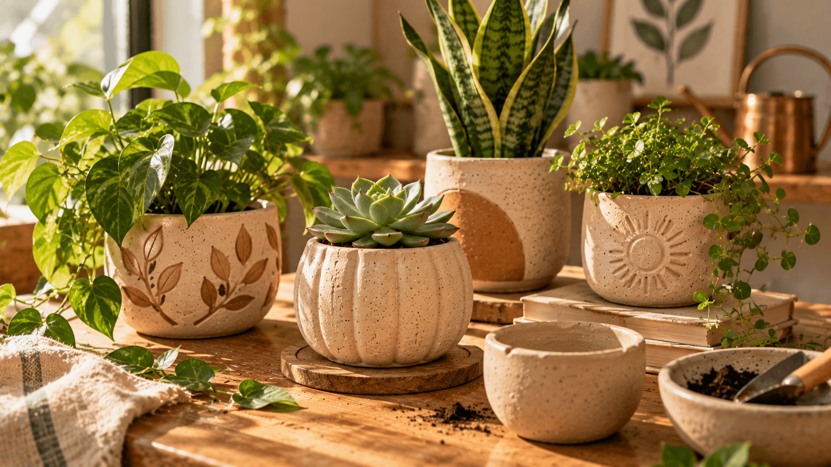 Artesanato com Argila de Secagem ao Ar: 10 Ideias para Decorar a Casa Vasinhos artesanais de argila com pequenas plantas e ferramentas de modelagem