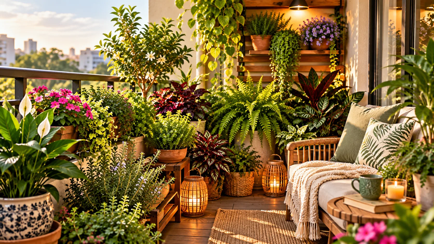 Jardim Sensorial em Casa: Como Criar um Espaço de Bem-Estar Jardim sensorial em varanda pequena com plantas e banco