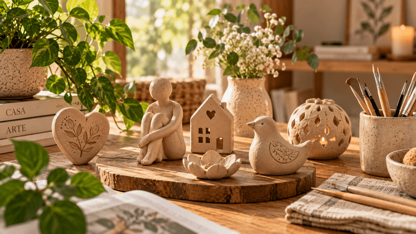 Artesanato com Argila de Secagem ao Ar: 10 Ideias para Decorar a Casa Pequenas esculturas artesanais de argila decorando uma composição acolhedora