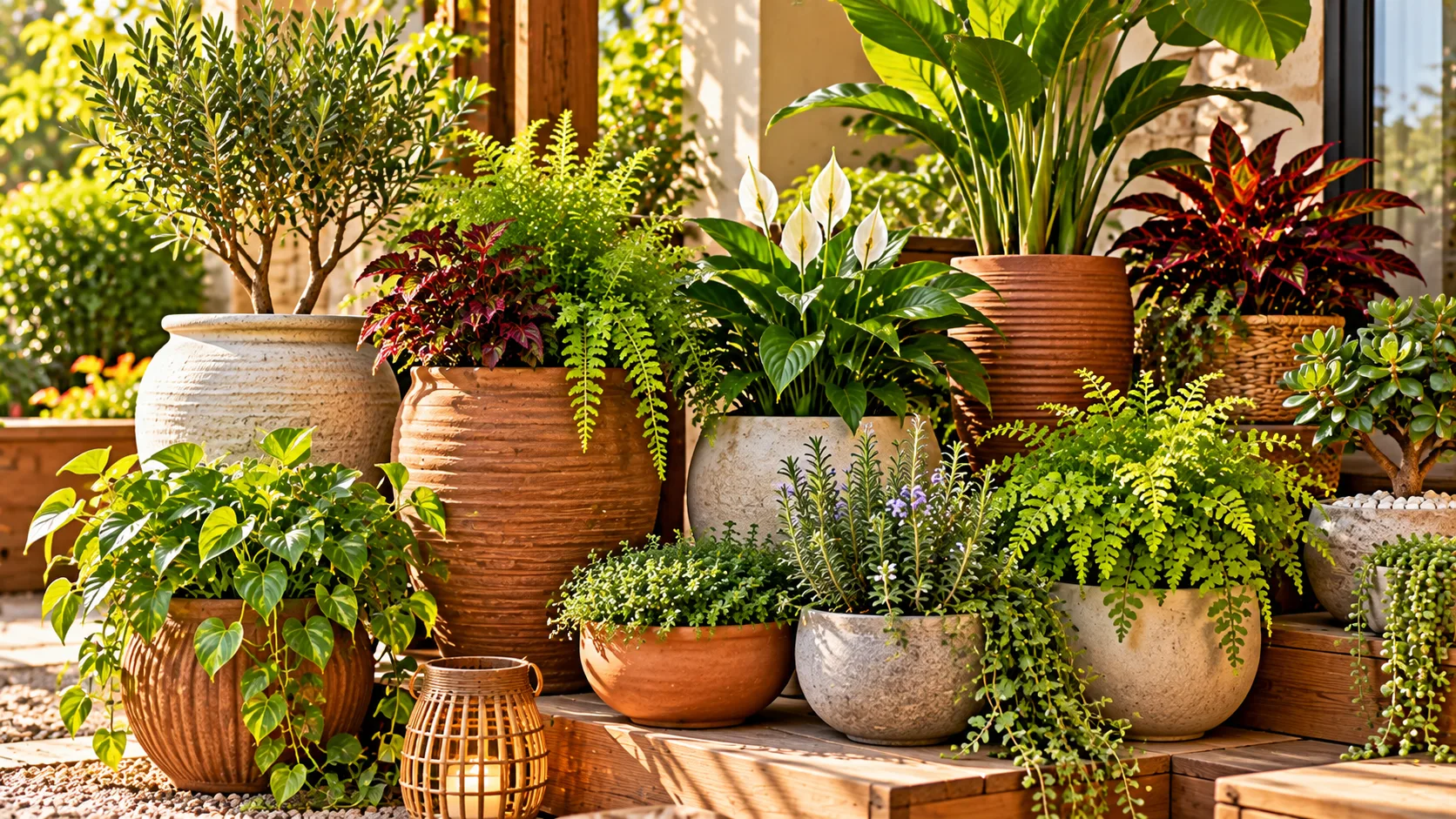 Jardim Sensorial em Casa: Como Criar um Espaço de Bem-Estar Composição de vasos de diferentes tamanhos em jardim sensorial