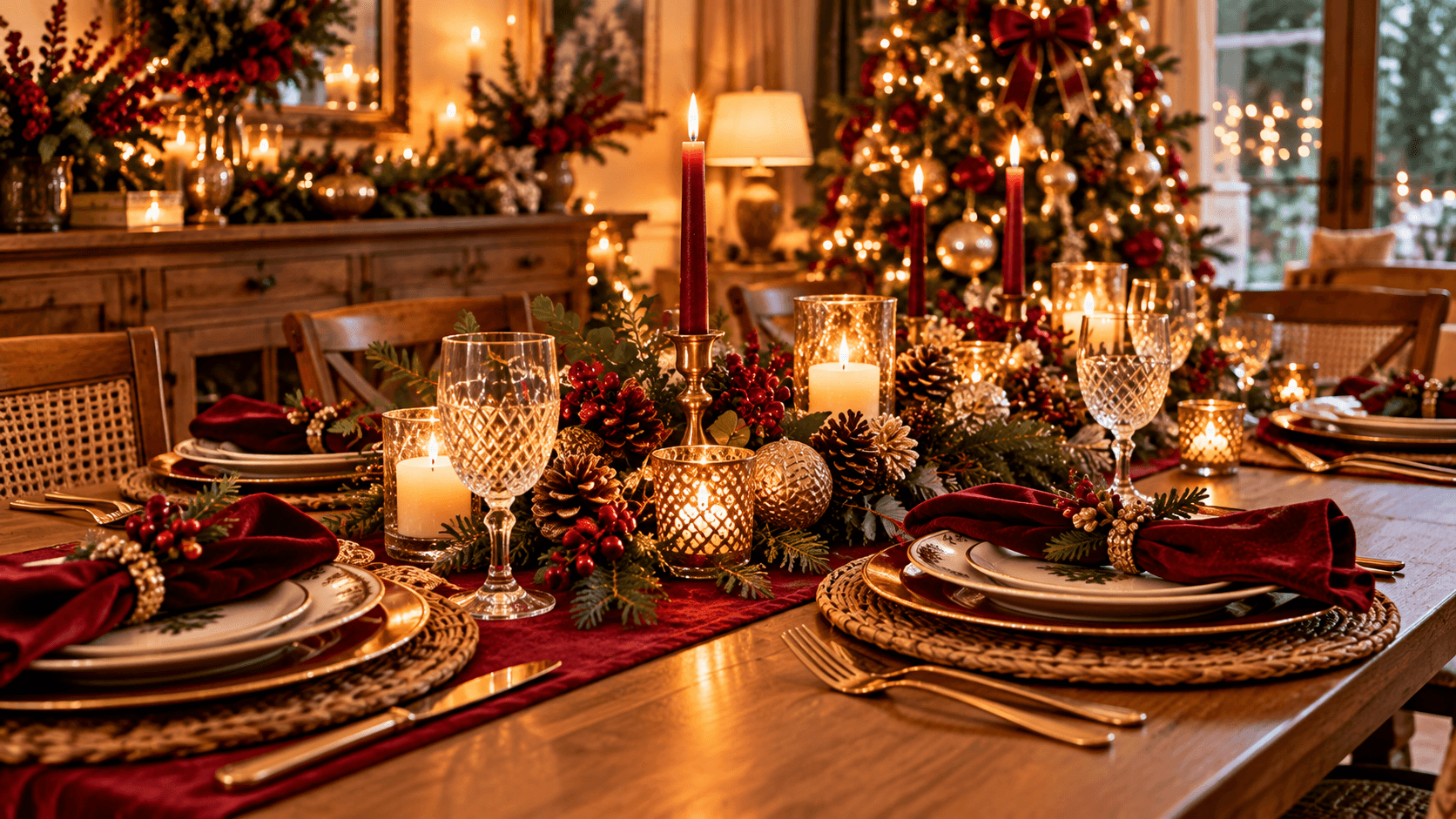 Tendências de Decoração de Natal 2026: Ideias para uma Casa Aconchegante Mesa posta natalina aconchegante com verde, bordô, dourado e velas