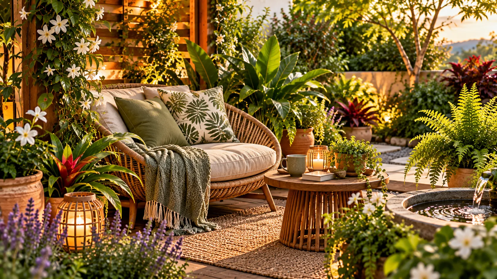 Jardim Sensorial em Casa: Como Criar um Espaço de Bem-Estar Cantinho de descanso aconchegante em jardim sensorial