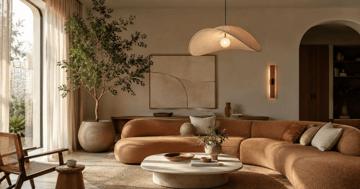 Sala de estar com sofá de formas curvas no estilo futurismo orgânico