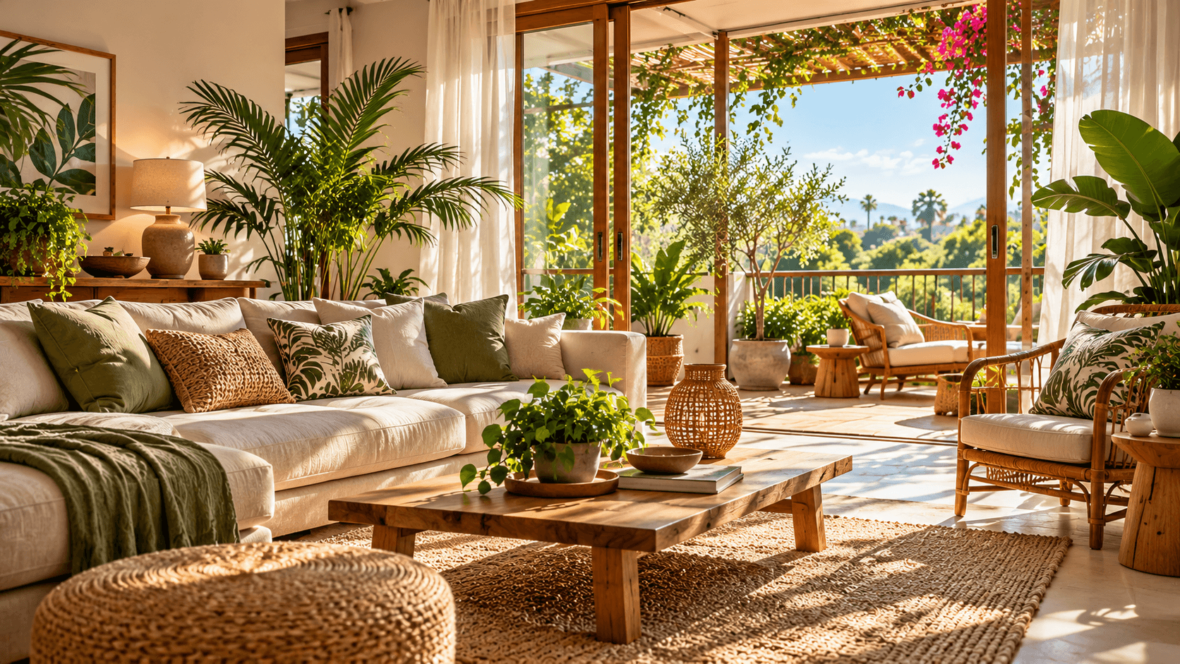 Como Deixar a Casa Mais Fresca sem Ar-Condicionado: Estratégias que Realmente Funcionam Sala tropical integrada à varanda com plantas, madeira e iluminação natural
