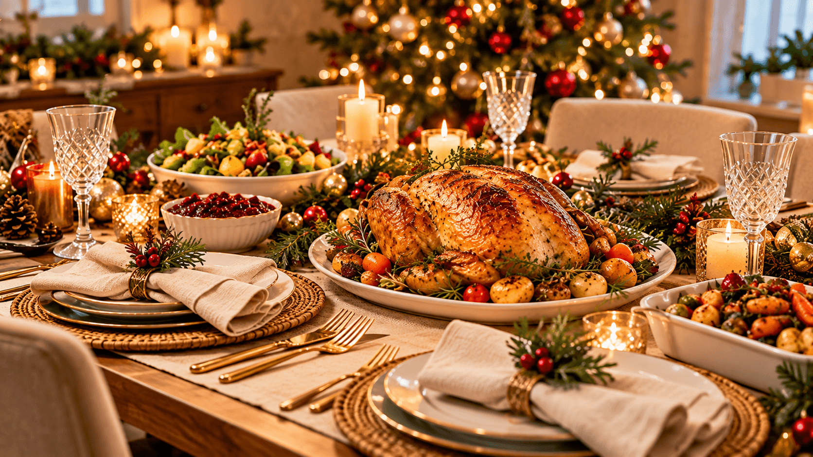 Ceia de Natal Simples e Elegante Mesa de ceia de Natal simples e elegante iluminada por velas, com detalhes natalinos em tons acolhedores