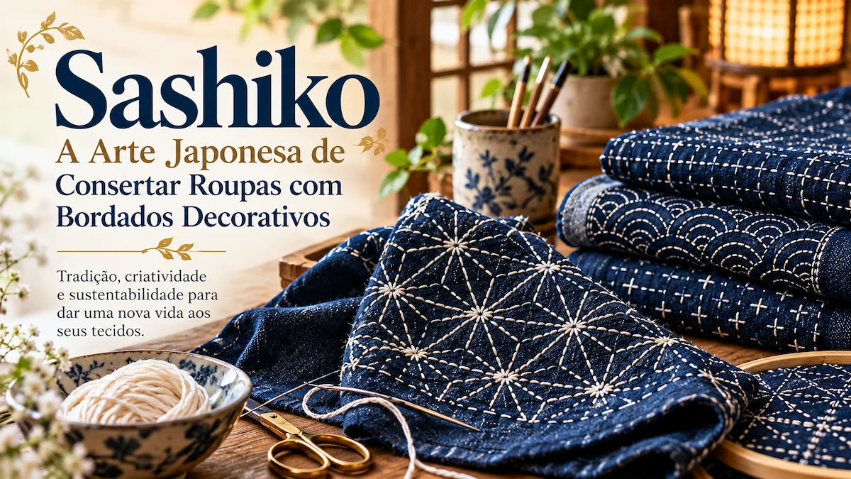 Sashiko, arte japonesa de bordar com pontos brancos sobre tecido azul-índigo
