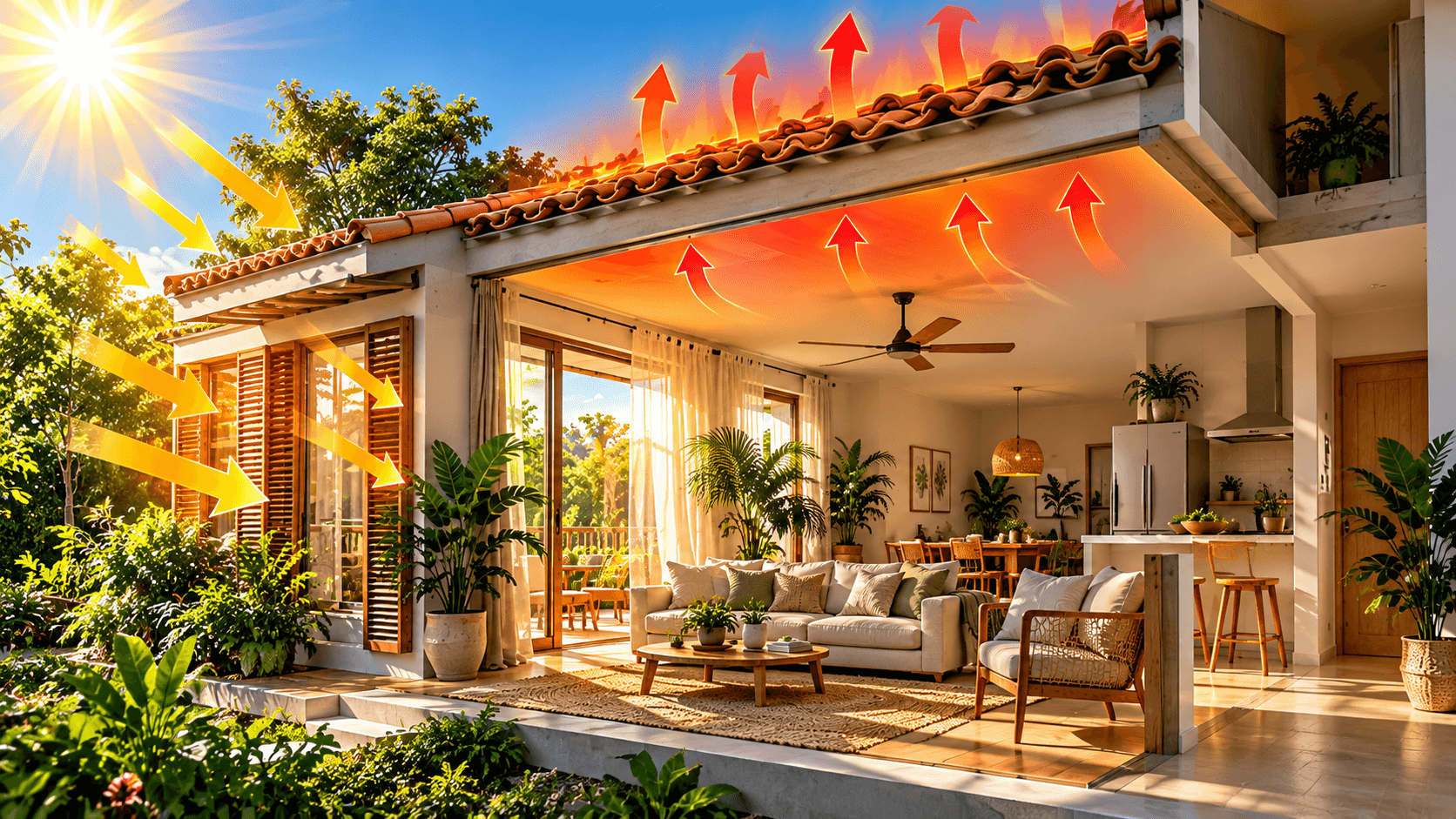 Como Deixar a Casa Mais Fresca sem Ar-Condicionado: Estratégias que Realmente Funcionam Mapa visual mostrando as principais fontes de calor dentro de uma casa
