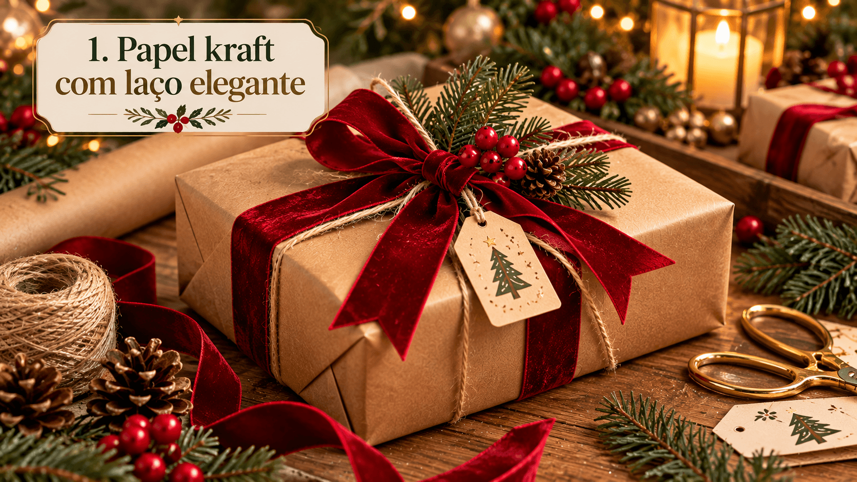 Papel kraft com laço elegante Presente de Natal embrulhado em papel kraft com laço elegante