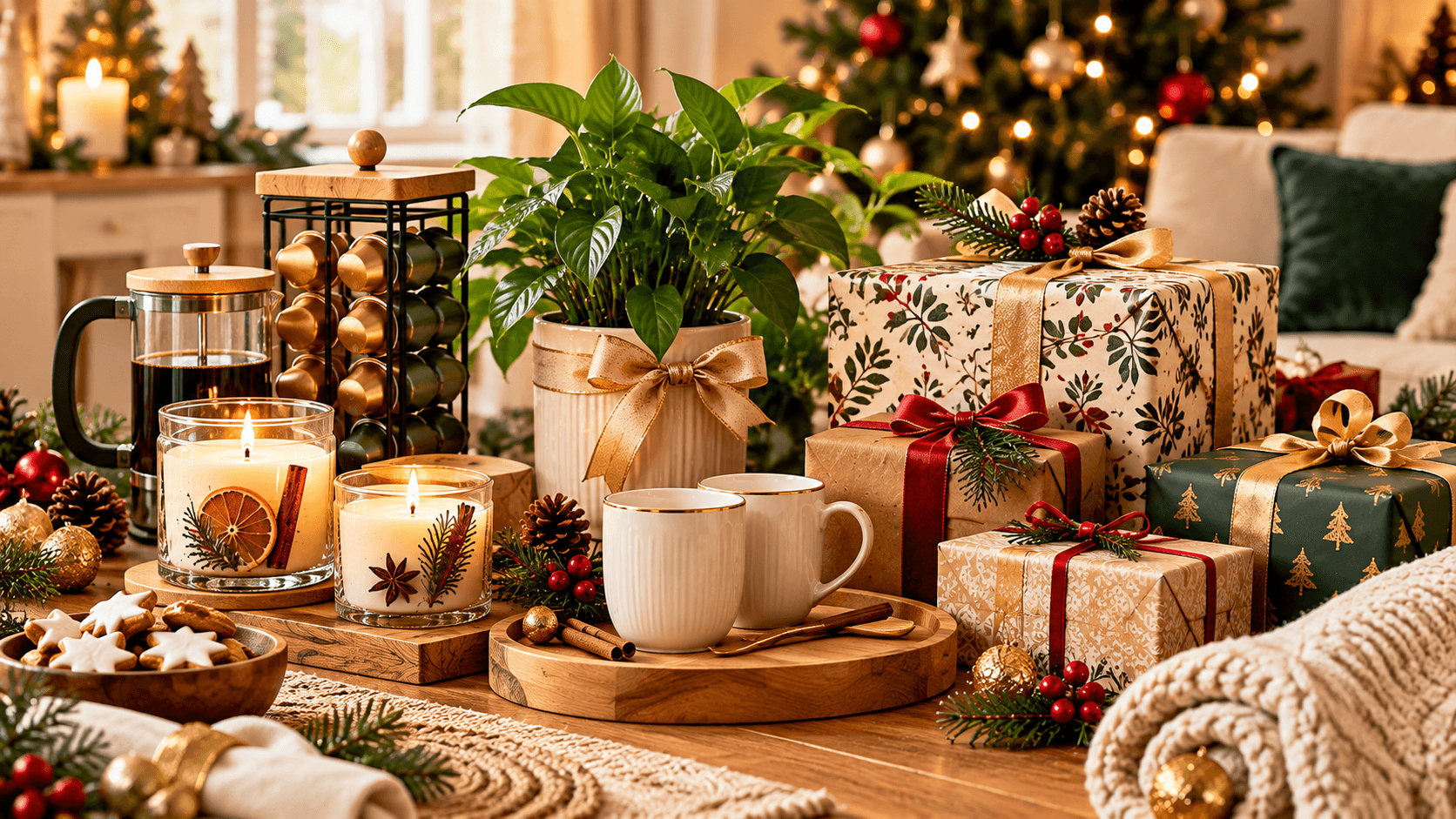 25 Presentes de Natal Criativos e Úteis: Ideias para Todos os Gostos e Orçamentos Composição natalina aconchegante com presentes, luzes e detalhes dourados