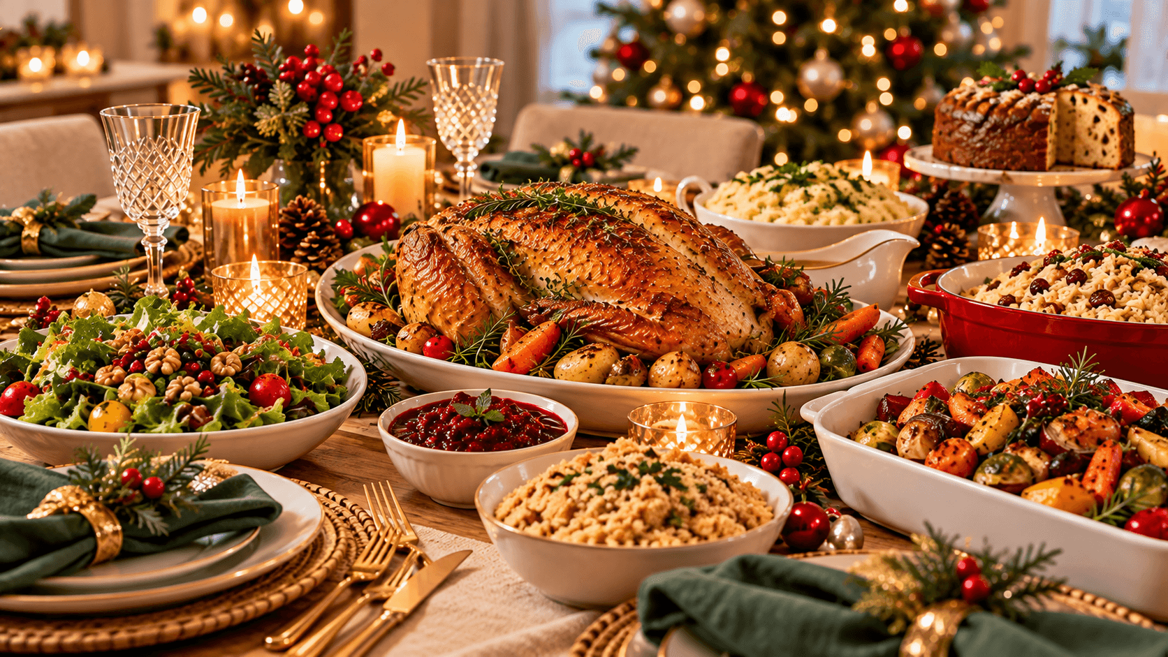 Prato principal para a ceia de Natal Prato principal assado servido com acompanhamentos em uma ceia de Natal