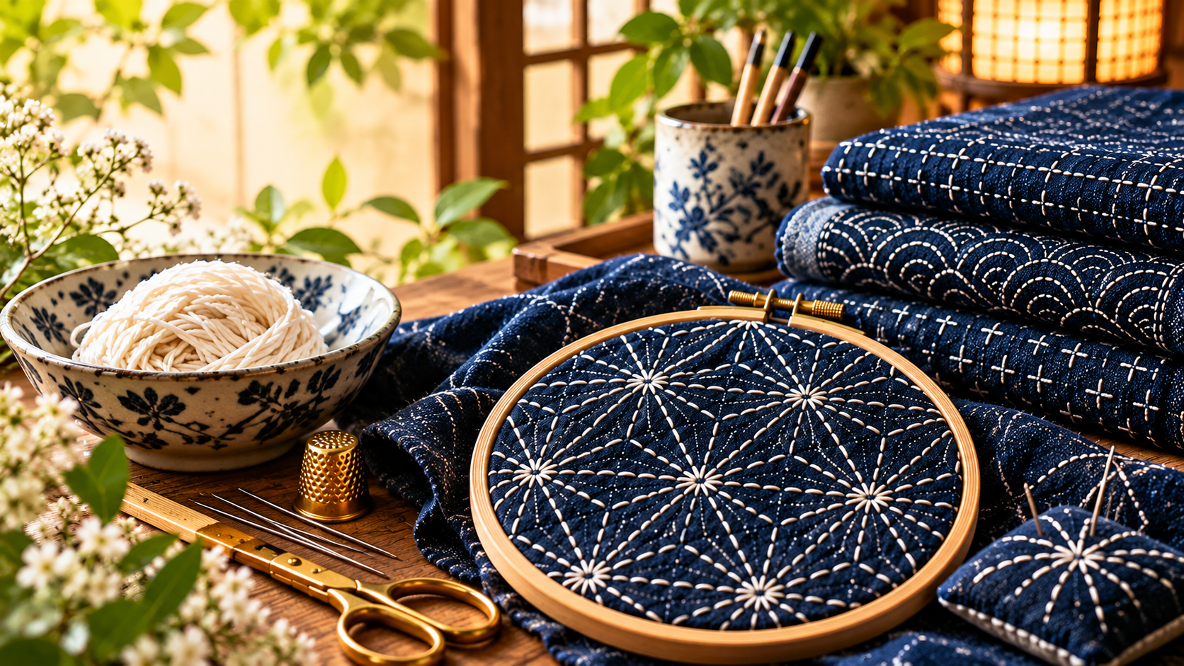 Bordado Sashiko em tons de índigo com pontos decorativos regulares sobre tecido