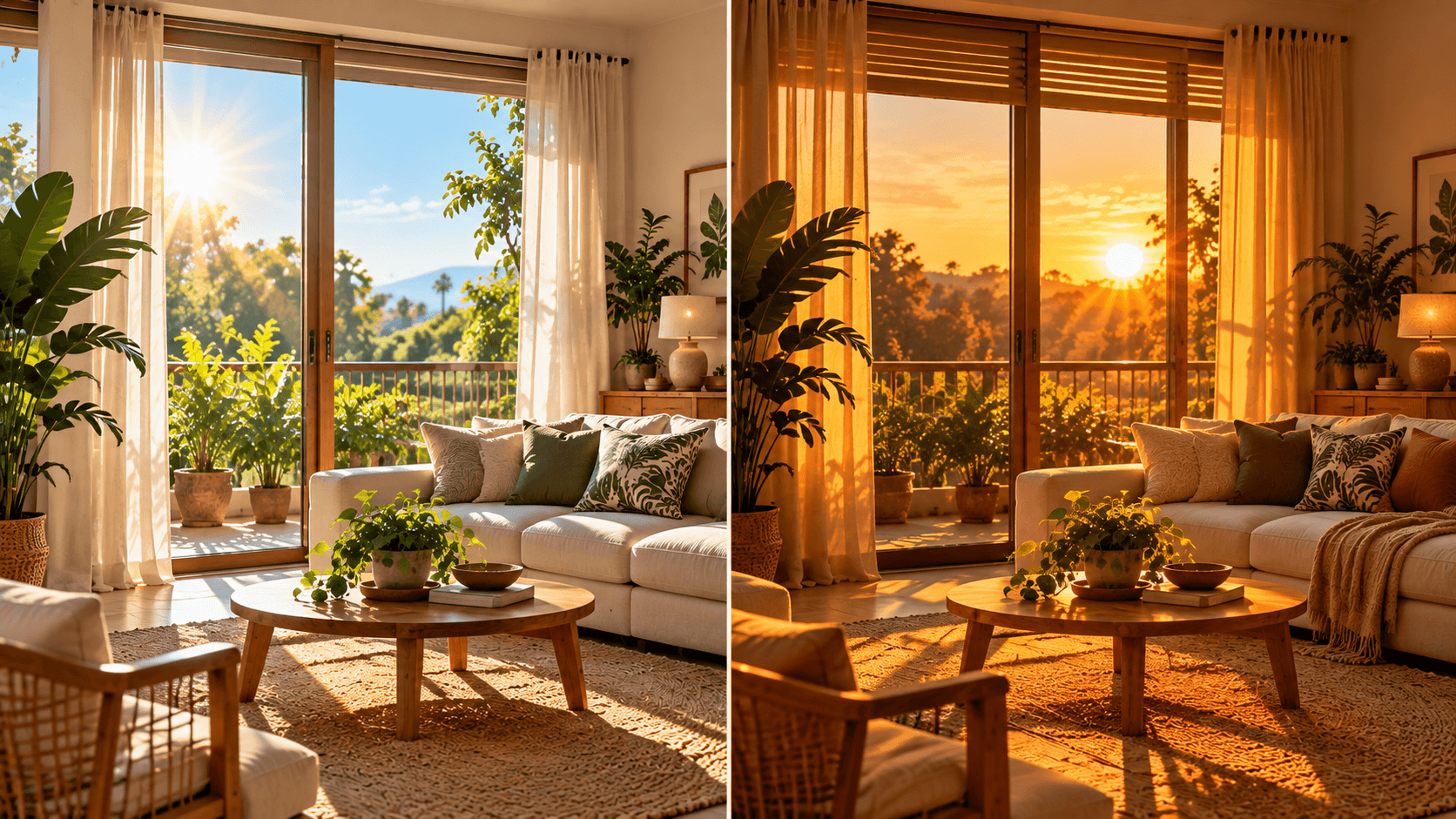 Como Deixar a Casa Mais Fresca sem Ar-Condicionado: Estratégias que Realmente Funcionam Sala aconchegante mostrando diferentes condições de iluminação entre manhã e fim da tarde