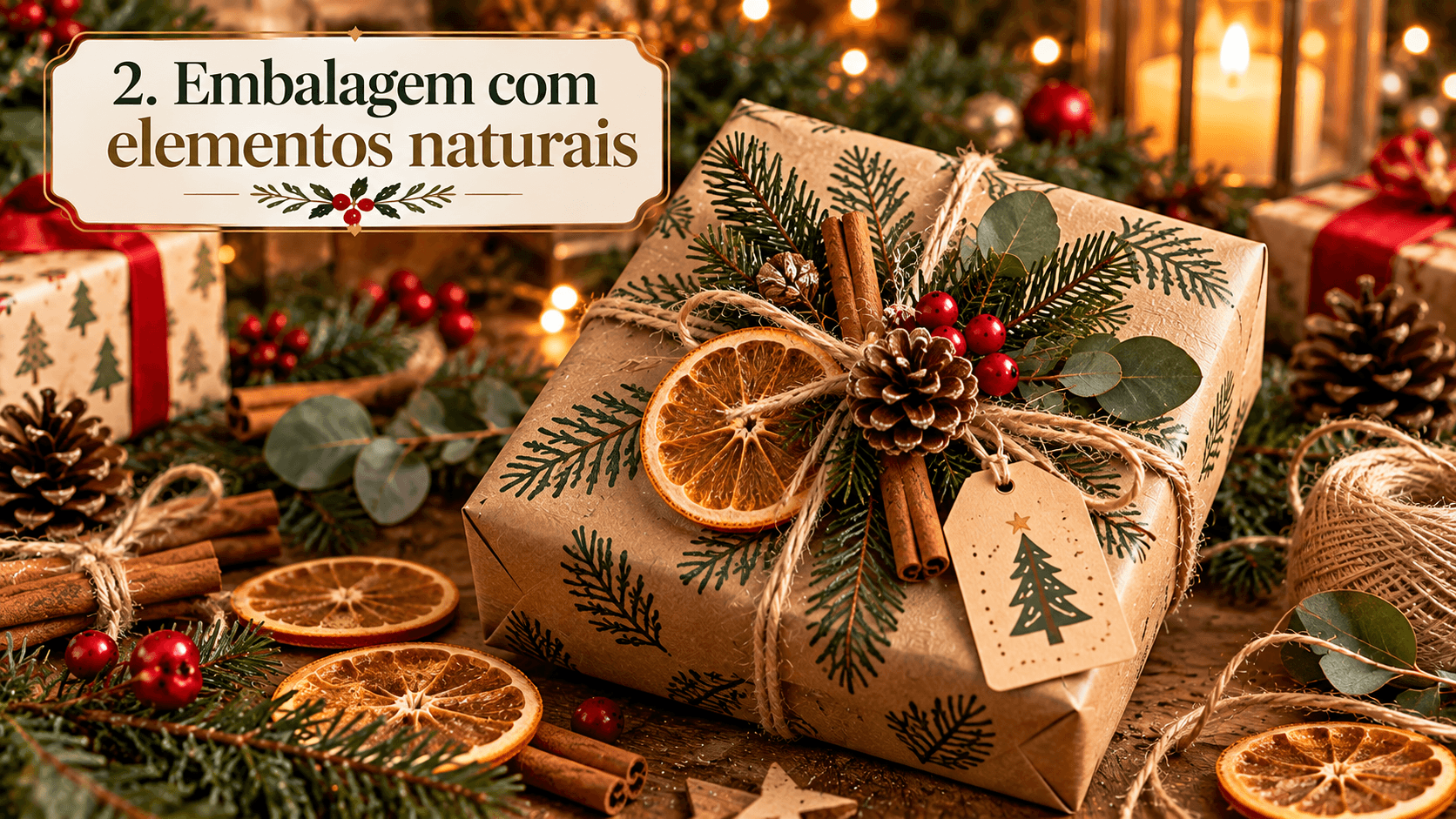Embalagem de Natal com elementos naturais Embalagem natalina com papel kraft, juta e elementos naturais