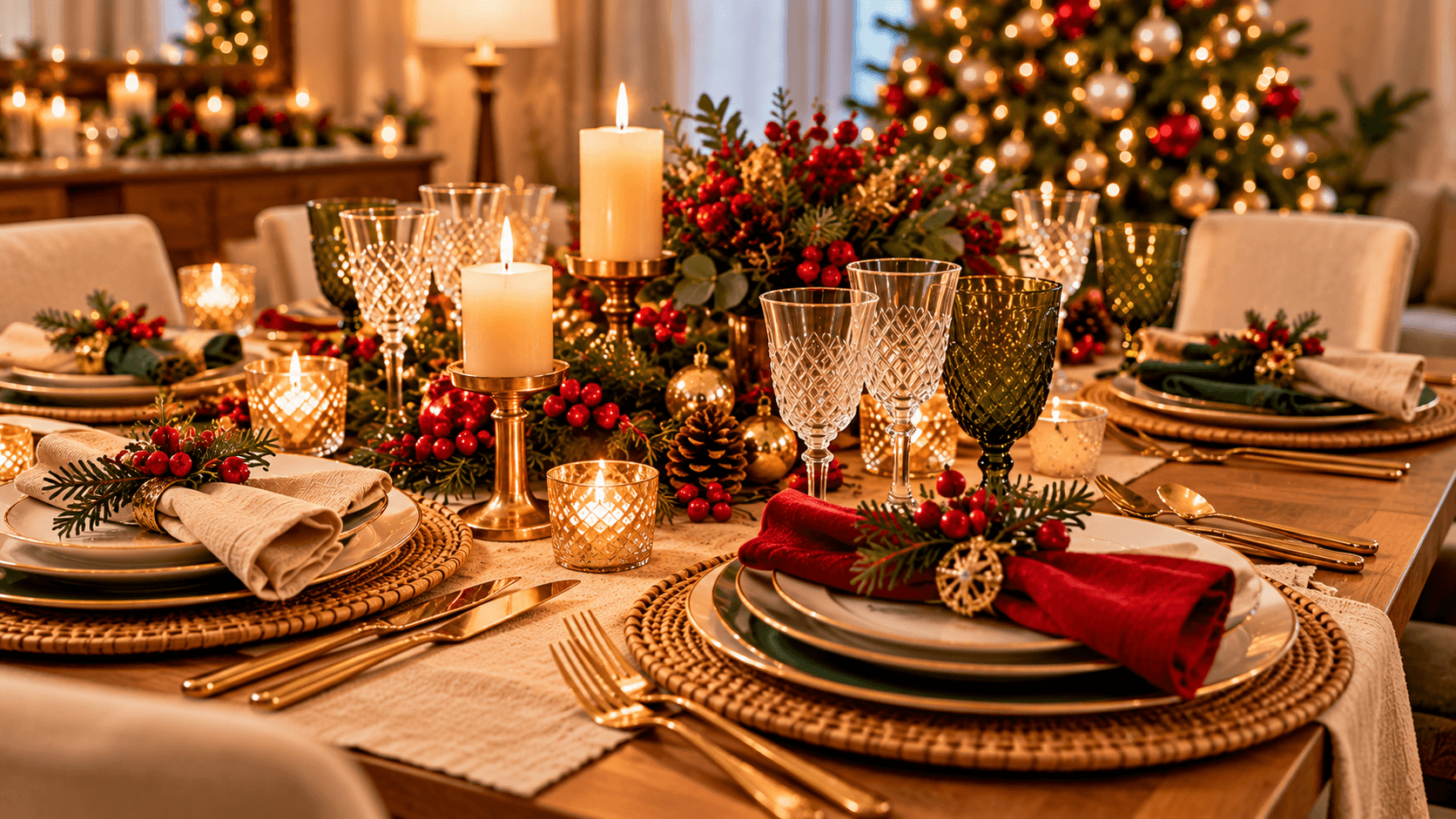 Mesa de Natal simples e elegante Mesa de Natal elegante com louças, guardanapos e decoração em tons naturais