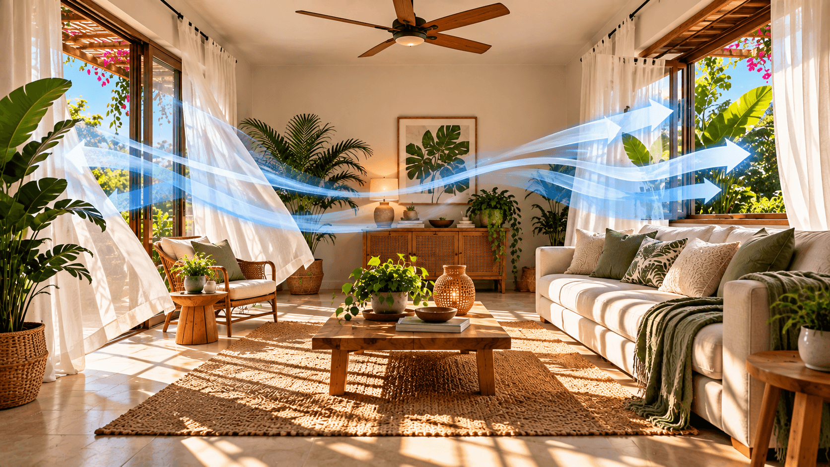 Como Deixar a Casa Mais Fresca sem Ar-Condicionado: Estratégias que Realmente Funcionam Sala tropical com janelas em lados opostos favorecendo a ventilação cruzada