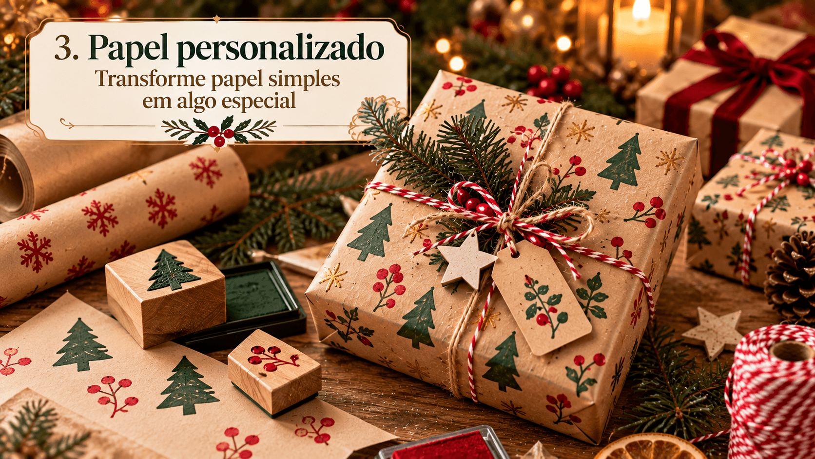 Papel kraft personalizado para presentes de Natal Embrulhos natalinos personalizados feitos com papel kraft