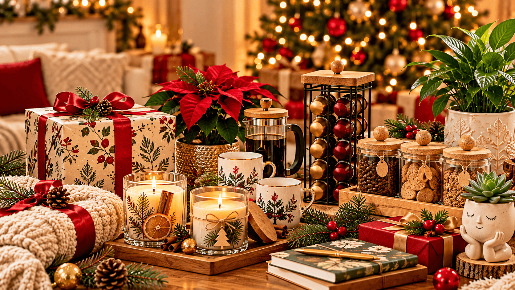 25 Presentes de Natal Criativos e Úteis: Ideias para Todos os Gostos e Orçamentos Presentes de Natal organizados em uma composição acolhedora