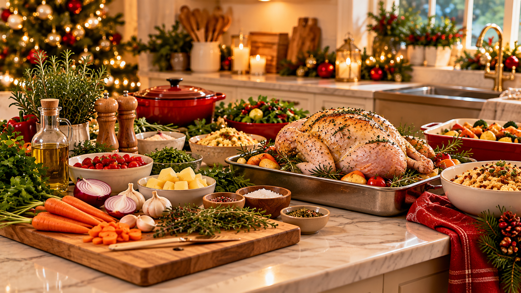 Planejamento da ceia de Natal Cozinha acolhedora organizada para a preparação de uma ceia de Natal