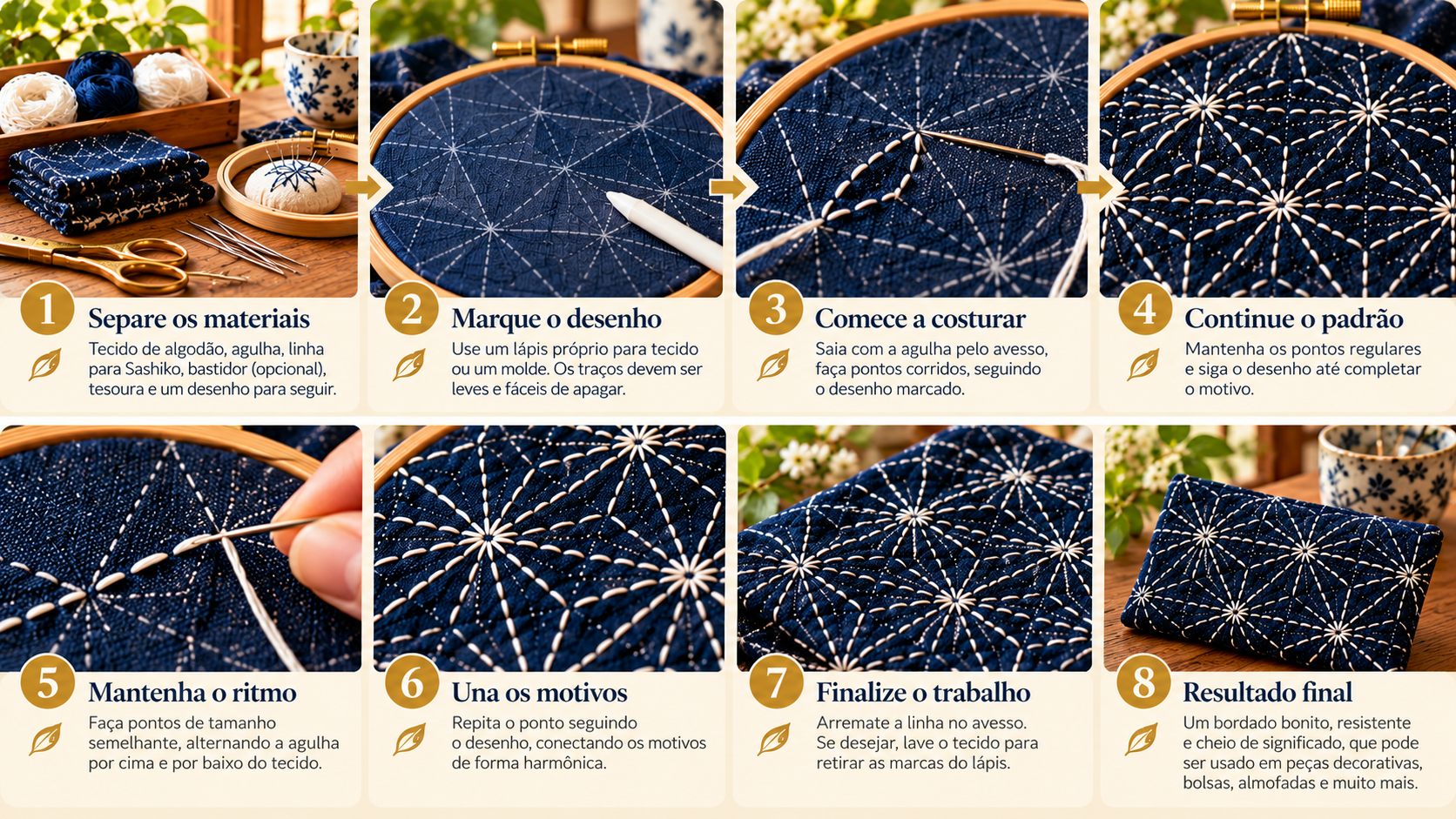 Guia visual com etapas para preparar o tecido e praticar o ponto corrido do Sashiko