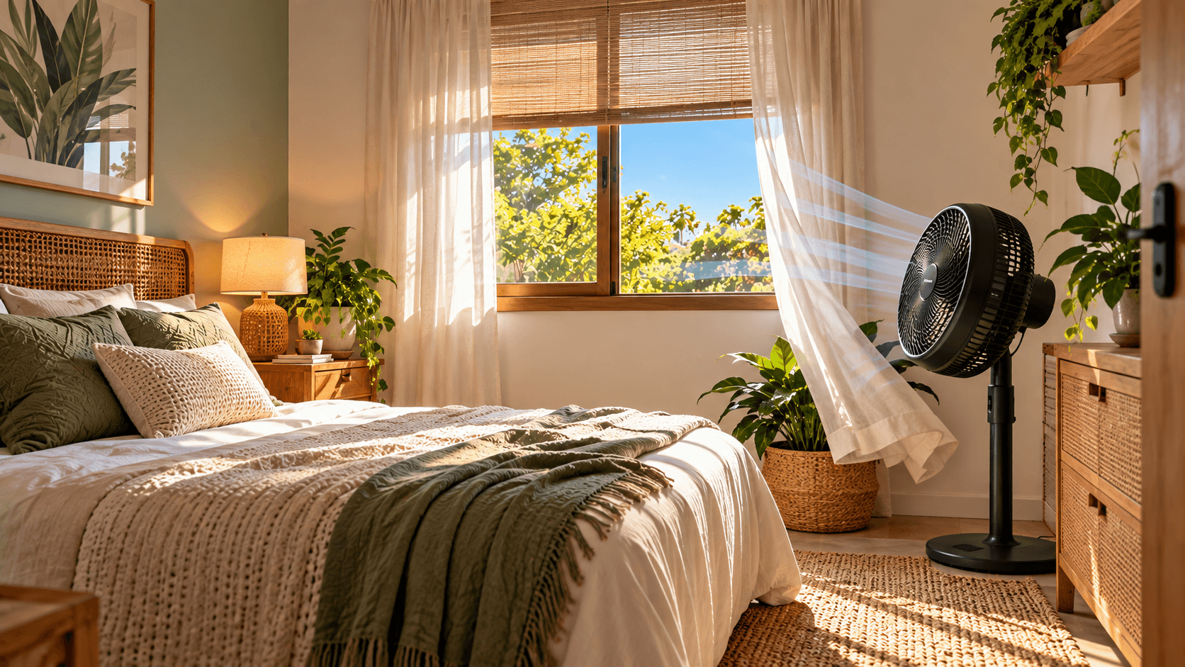 Como Deixar a Casa Mais Fresca sem Ar-Condicionado: Estratégias que Realmente Funcionam Quarto aconchegante com janela aberta, tecidos naturais e ventilação