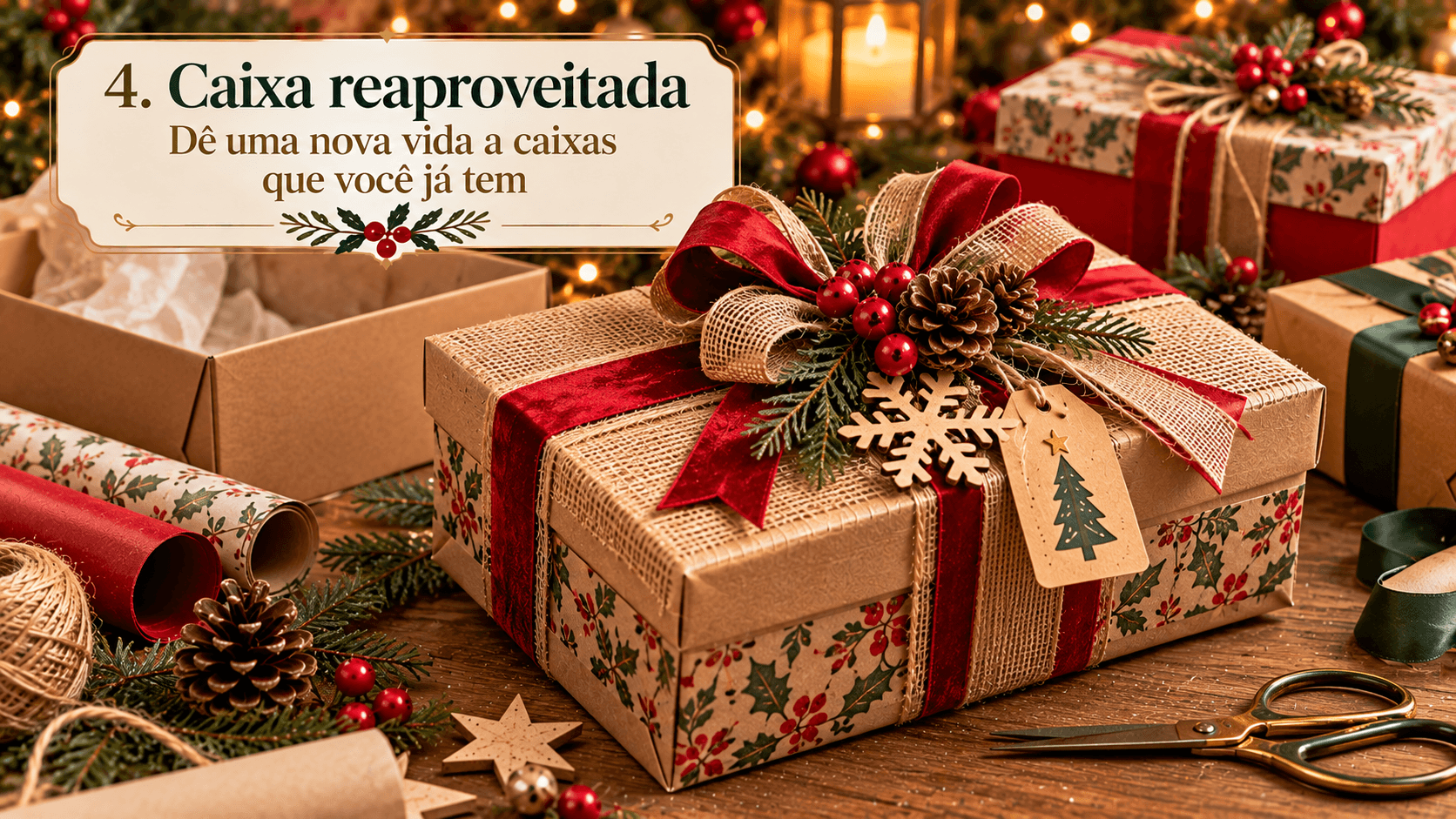 Caixa reaproveitada com encanto natalino Caixa reaproveitada transformada em embalagem de presente de Natal