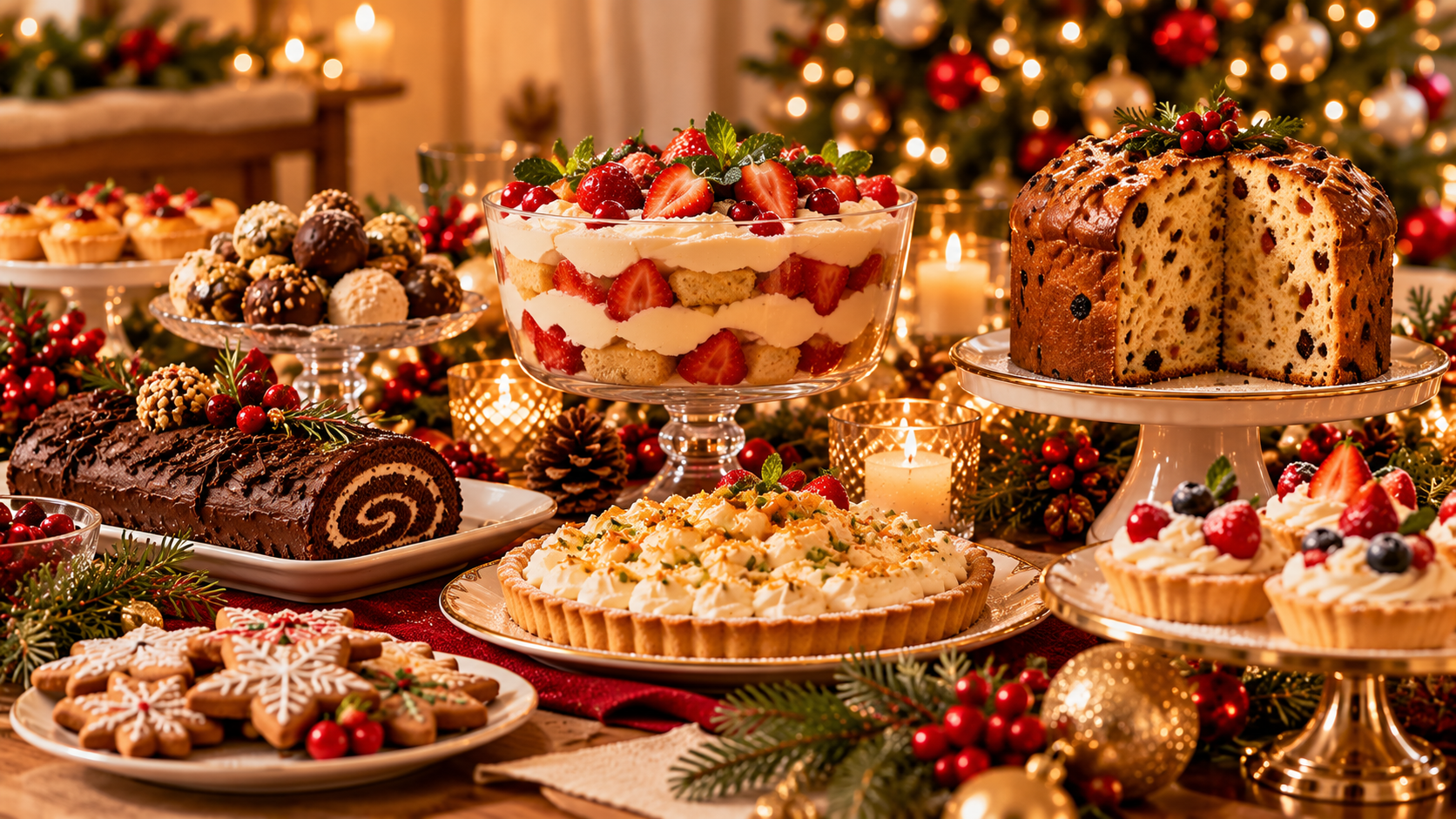 Sobremesas para a ceia de Natal Sobremesas festivas organizadas em uma mesa de Natal