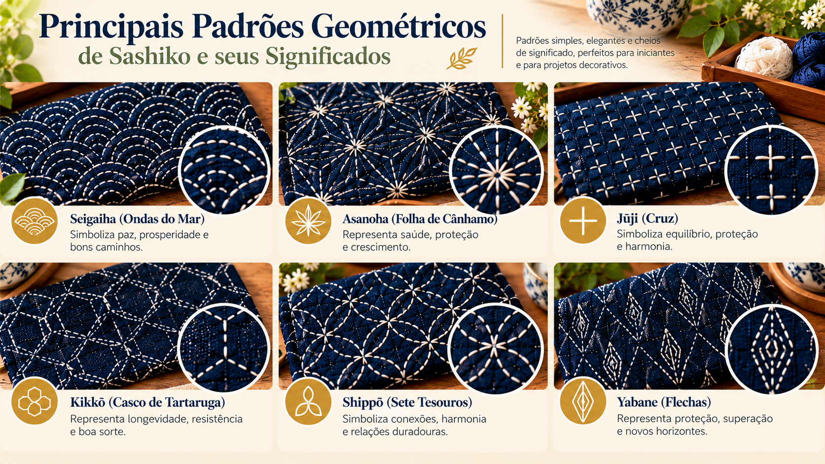 Exemplos de padrões geométricos inspirados no Sashiko, com linhas repetidas e formas organizadas