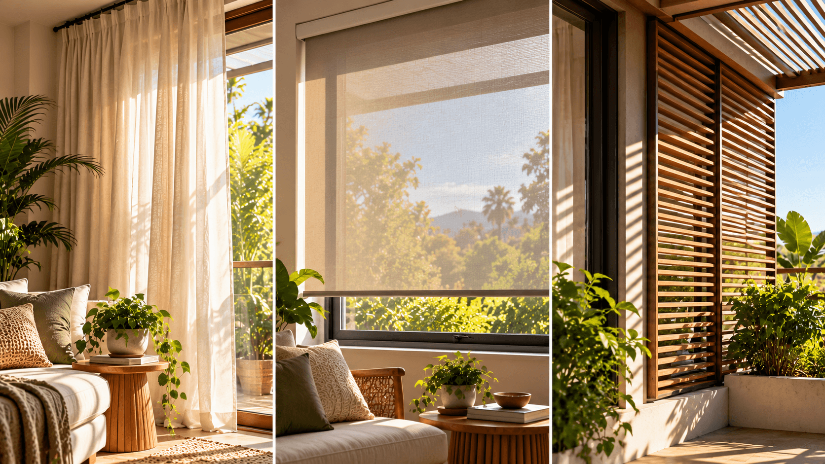 Como Deixar a Casa Mais Fresca sem Ar-Condicionado: Estratégias que Realmente Funcionam Três opções de proteção solar para janelas: cortina, persiana e sombreamento externo