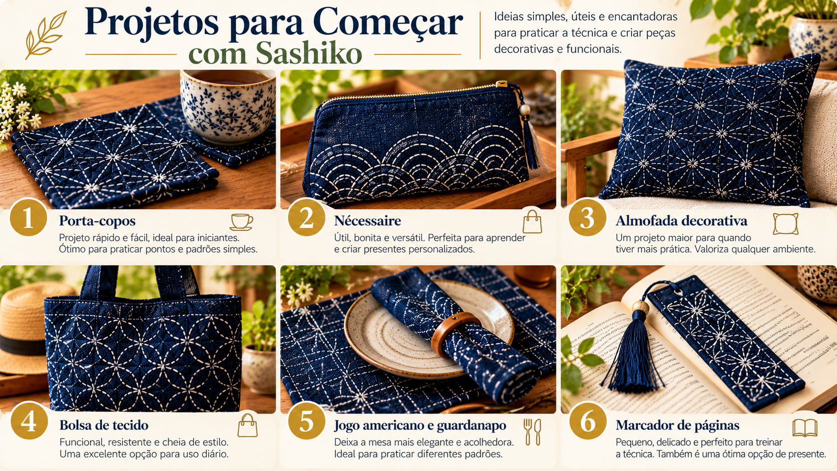 Ideias de projetos iniciais com Sashiko em roupas, acessórios e objetos têxteis