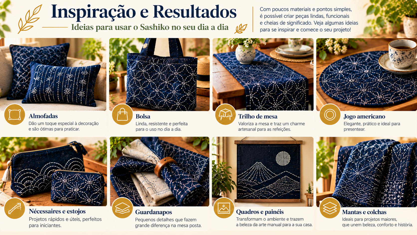 Inspiração de Sashiko aplicado à decoração da casa em peças têxteis com bordados geométricos
